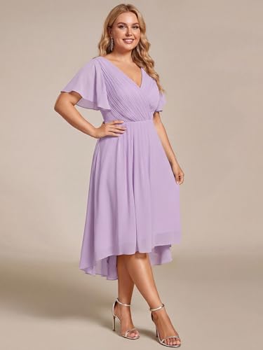 Image of Ever-Pretty Plus Summer Short Sleeves V-Neck Formal Wedding Guest Dresses for Curvy Women Chiffon Midi Cocktail Party Dress Frosted Lilac US18