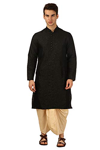 Dhoti Kurta Homme en Soie - Vêtement Traditionnel Indien Noir Cérémonie Taille 38