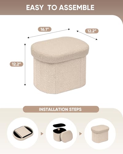 Image of B FSOBEIIALEO Storage Ottoman for Dorm Room, Boucle Folding Storage Ottoman Foot Rest, 16.14 Inches Small Collapsible Ottoman Cube for Living Room Beige