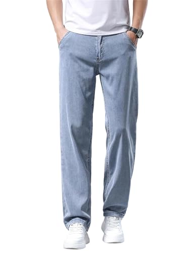Mens Jeans Summer Thin Soft Breathable Loose Straight Light Denim Pants Ice Silk Business Casual