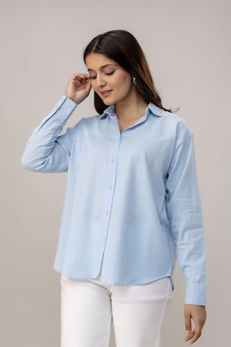Image of Women's Linen Blend Shirt | Casual Collared Button Down Shirt for Women | Solid Color Full Sleeve Oversized Fit | Summer Casual & Office Wear Top