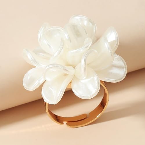 Unique Flower Adjustable Statement Ring for Women,Gold Plated White Camellia Rose Ring,Clear Floral Petal Round Pearl Wedding Promise Finger Ring4