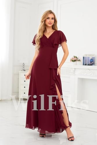 Image of WilFiks Ruffle V Neck Bridesmaid Dresses for Women Long Ruched Chiffon Formal Wedding Guest Dress Evening Gowns with Slit