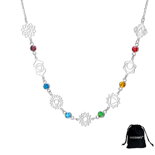 VASSAGO Collar de 7 chakras para mujer, de acero inoxidable para yoga delicado collar con colgante largo en forma de Y joyería curativa para meditación y yoga (Plata 5)