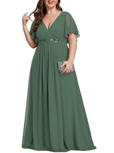 Ever-Pretty Women's Summer Plus Size Formal Dresses V Neck Applique Evening Gowns Mother of The Bride Dress for Curvy Women Eucalyptus US16