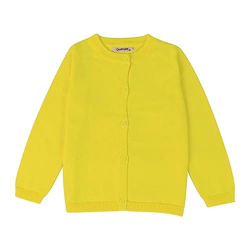 Girls Crewneck Cardigan Sweater School Uniforms Button Long Sleeve Knit Lightweight Outerwear Fall Winter Tops (Yellow, 2-3 Years)
