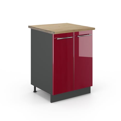 Vicco Meuble Bas de Cuisine Fame-Line, Rouge Bordeaux Haute Brillance, 60cm, PT Chêne, à Combiner avec d'autres modules de la série Fame-Line