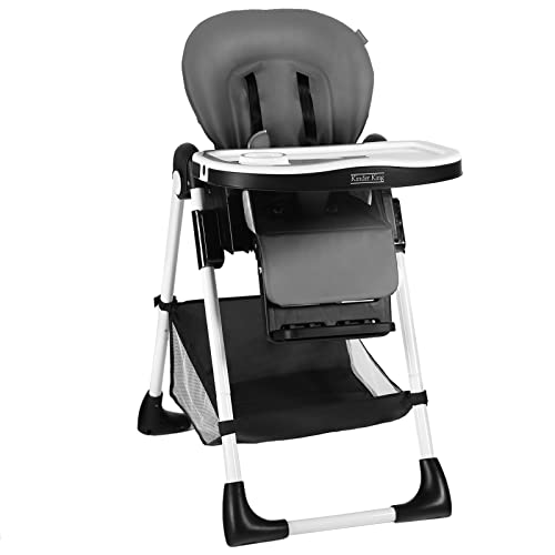 Image of Kinder King High Chair for Babies & Toddlers, Simple Fold Highchair w/Large Storage Basket, Adjustable Height, Recline & Footrest, Detachable Double Trays, PU Cushion, Easy to Move & Clean, Grey