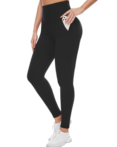 Women’s High-Waisted Leggings with Pockets, Fleece-Lined Tummy Control (Black, S–M)