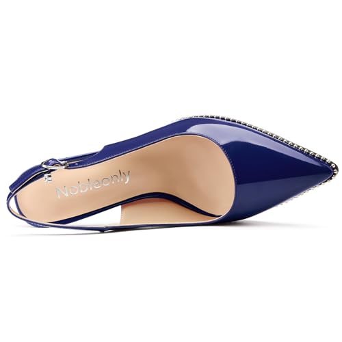 Image of NobleOnly Slingback Beaded Pumps for Women High Stiletto Heel Pointed Toe Slip-on Dress Sandals Adjustable Buckle Rhinestone Patent Leather 3.9 Inches Heels