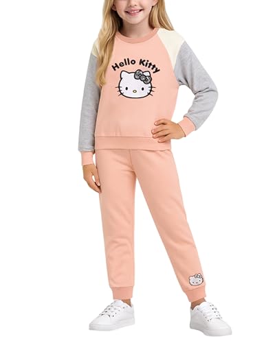 Image of Hello Kitty Girls Sweatpants Set - 2 Piece Fleece Crewneck Sweatshirt and Girls Joggers Cute Matching Clothing Set (2T-12) (Light Pink /Grey, 6X)