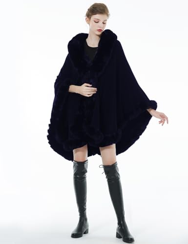 Women Faux Fur Shawl Wrap Winter Cape Poncho with Fur Trim Sleeveless Cardigan Dressy Cloak Coat4