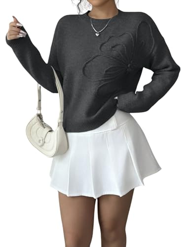 Image of Verdusa Women's Spring 3D Flower Appliques Crewneck Sweaters Long Sleeve Drop Shoulder Pullovers Knit Going Out Tops