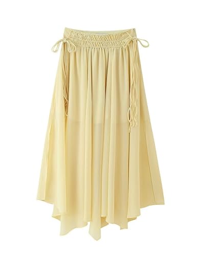 Wanzetaly Women's Knotted Chiffon Long Skirt Doubble Split Boho Skirt High Waist Pleated Skirts