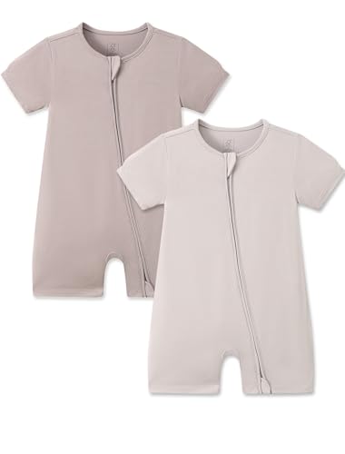JunNeng Baby Boy 2 Pack Rayon of Bamboo Romper Sleeper Infant Soft Short Sleeve Jumpsuit Zipper Footless One-piece Coverall Brown+Light green 18-24 Months