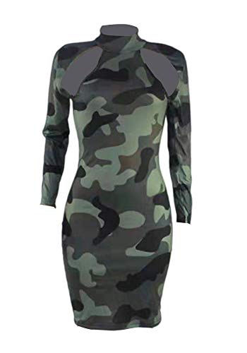 Voghtic Women's Sexy High Neck Long Sleeve Hollow Out Camo Print Party Club Pencil Mini Dress #TOP2