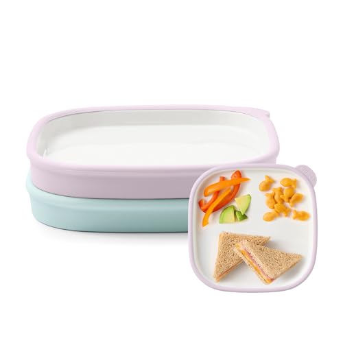 Ello Clean Start Toddler Everything Plate 2 Pack | BPA-Free Ceramic Plates with Silicone Sleeve for Babies/Toddlers | Microwave/Dishwasher Safe Plastic-Free High Chair Friendly | Dewdrop/Sugarplum