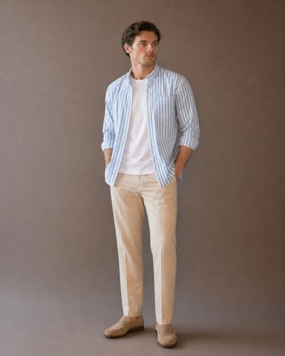 Image of Men Blue Striped Linen Cotton Shirt | Casual Slim Fit Button Down Shirt for Mens | Breathable Summer Wear | Full Sleeve Stylish Shirts for Men