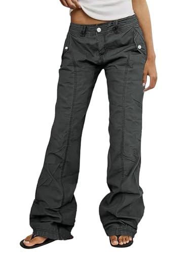 Flamingals Straight Leg Pants for Women Mid Rise Casual Button Design Flap Pockets Seam Detail Bootcut Pants