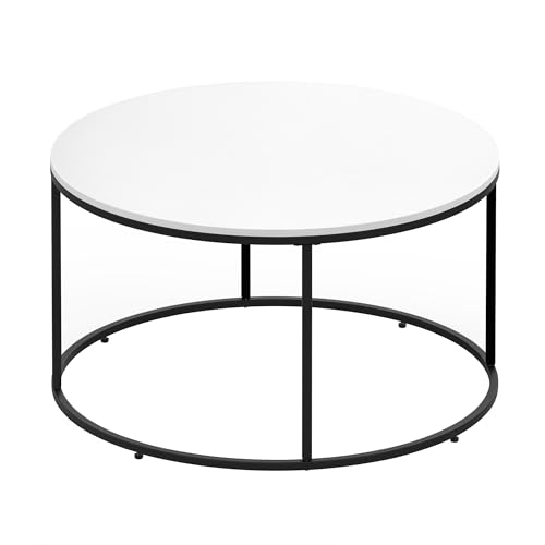 HOMCOM Round Coffee Table, 32 in Modern Center Table with Black Metal Frame, Coffee Tables for Living Room, White