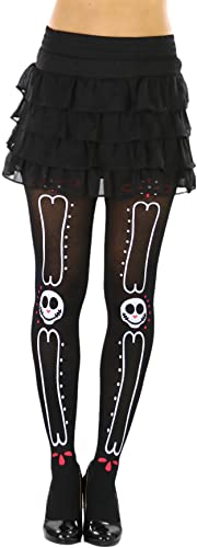 Image of ToBeInStyle Women's Sugar Skull Dia de los Muertos La Catrina Skeleton Bones Tights & Thigh High Stockings