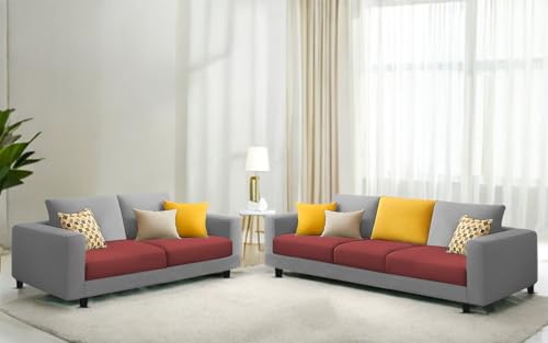 Image of Galib 3+2 Seater Sofa Set for Living Room (Maroon Grey Fabric) Premium Fabric Sofa Set