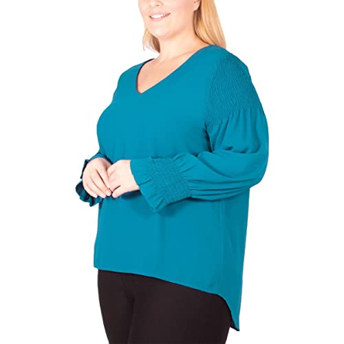 Ny Collection Womens Plus Smocked Sleeve V-Neck Blouse Green 1X #TOP1