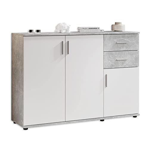 Stella Trading BOBBY Kommode in Beton-Optik, Weiß - Modernes Sideboard mit viel Stauraum für Ihren Wohnbereich - 120 x 82 x 35 cm (B/H/T)