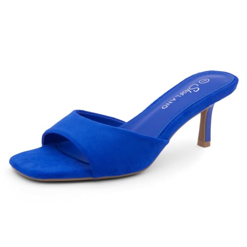 Image of Shoe Land Women's Low Heels Stiletto Heeled Slides, Open Toe One Band Slip-On Heeled Mules - Dressy Heeled Sandals for Prom, Party Wedding and Vacation