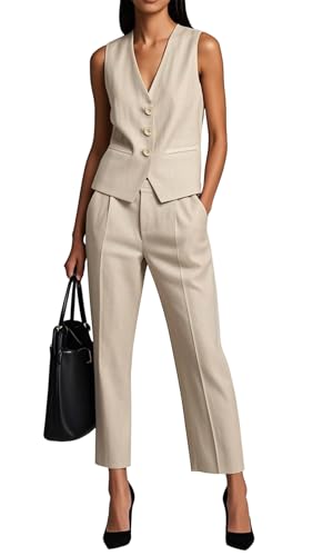Linnen Pak Elegant Vrijetijdspak voor Dames Zomerlinnen Tweedelige Outfit Mouwloze Blazer Vest en Broek met V-hals 2-delige Pakset Casual Effen