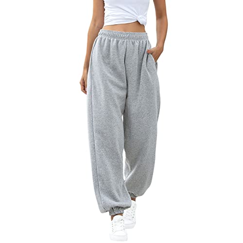 ASHER FASHION Women's Active High Waist Jogger Sweatpants Baggy Lounge Yoga Pants with Pockets Sporty Gray S