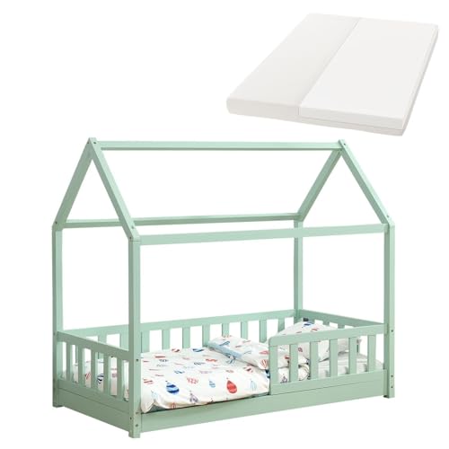 Juskys Kinderbett Marli 80 x 160 cm mit Matratze, Rausfallschutz, Lattenrost & Dach - Massivholz Hausbett für Kinder - Bett in Mint Juskys Kinderbett Marli 80 x 160 cm mit Matratze, Rausfallschutz, Lattenrost & Dach - Massivholz Hausbett für Kinder - Bett in Mint
