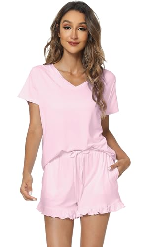 Image of WiWi Womens Pajamas Set Bamboo Viscose Super Soft Short Sleeve Top Ruffle Shorts Sleepwear Cooling Pj Sets S-XXL