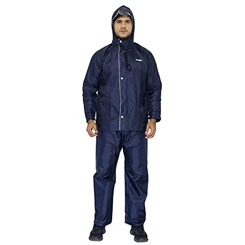 THE CLOWNFISH Men's Polyester Waterproof Standard Length Raincoat Double Coating Reversible Rain Suit With Hood & Inner Mobile Pocket, Set Of Top And Bottom.