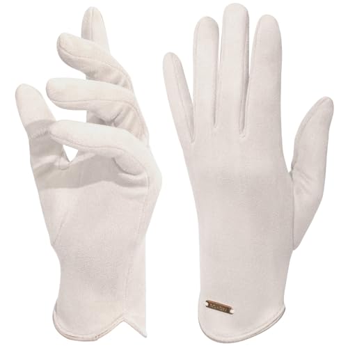 LOKZEER Winter Gloves for Women: Touchscreen Fashion Slim Cut Suede Warm Gloves with Thermal Crystal Velvet Lined for Daily Work Driving Travel (Cream One Size)