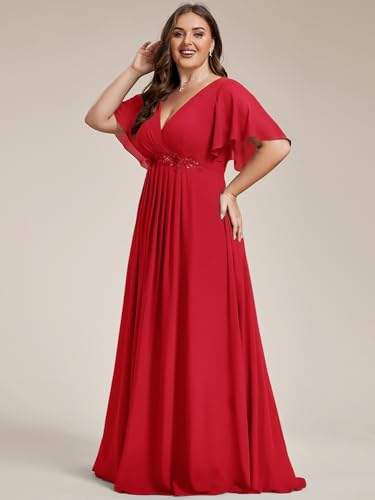 Image of Ever-Pretty Short Sleeves V Neck Plus Size Formal Dresses for Curvy Women Chiffon Mother of The Bride Dress Evening Gowns
