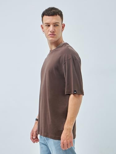Image of Bewakoof Men's Solid Oversized Fit Half Sleeve Round Neck Cotton T-Shirt