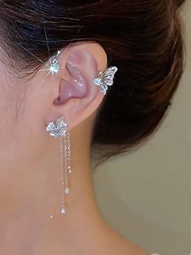 2PCS Butterfly Tassel Zircon Earrings and Ear Cuffs - No Piercing Flower Climber Wrap Around Earrings - Fairy Ear Clip Jewelry Gifts4