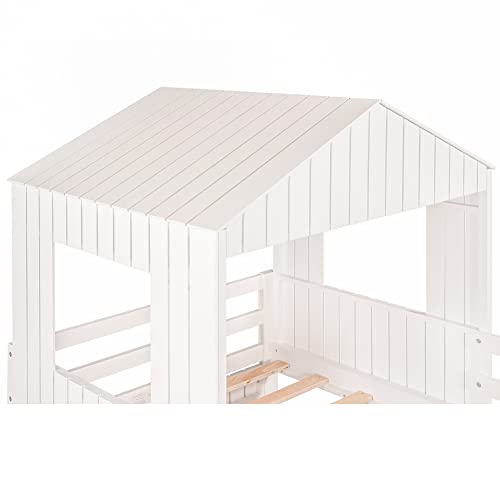 Merax House Bunk Beds No Box Spring Needed with Slide, Ladder and Safety Guardrail for Teens, Girl or Boys Loft, Twin Over Full w/Slide, White