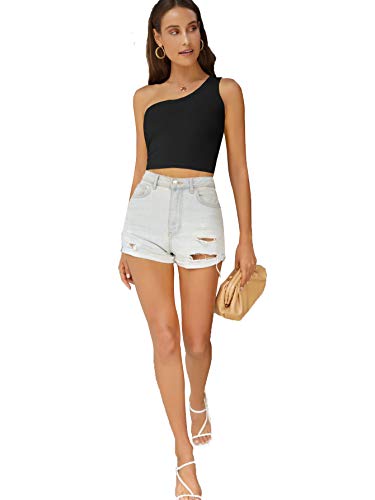 Verdusa Women's Sexy One Shoulder Sleeveless Ribbed Crop Top Black M #TOP4