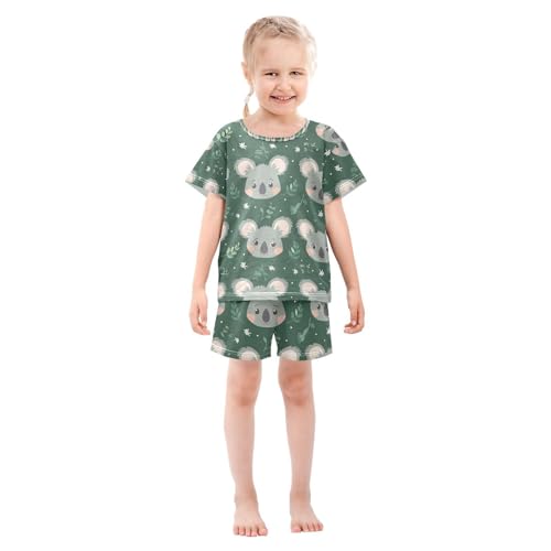 ALAZA Cartoon Koala Green Pajamas Set Short Sleeve Cotton Sleepwear Summer Pjs 2 Piece 5-14Y3