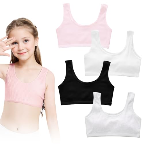 wlertcop 4PCS Girls Bra - Soft Cotton Crop Tops for Girls Age 7-12, Cotton Training Teen Bras, Unpadded Wireless Girls Sports Bra for Girls 7-12 Years