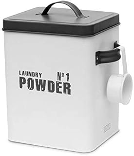 LIVIVO Enamel Coated Laundry Powder Metal Storage Tin With Measuring Scoop & Airtight Lid  Ideal For Holding Pods Tablets Capsules Powder Detergent  Grey & White