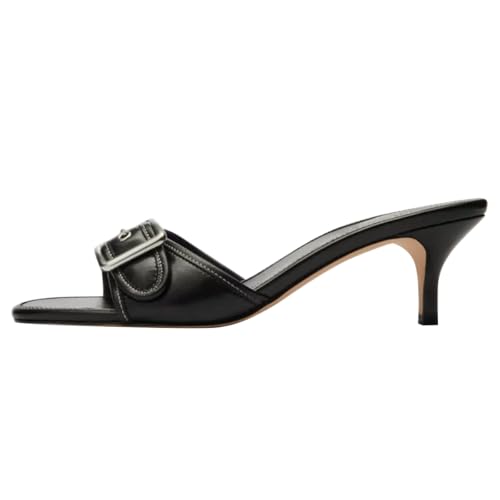 FSJ Women Low Kitten Heel Mules Comfortable Square Open Toe Slip On Sandals Studs Buckled Strap Slides Summer Fashion Slippers Size 4-16 US2