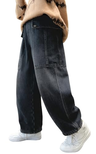 Happy Cherry   Niño Pantalones Vaqueros Holgados Jeans Y2K Vintage Infantil Chico 5 14 Años Pantalón de Mezclilla Rectos Algodón Estilo Callejero con Cintura Elástica   158 164   Gris