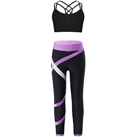 MSemis Kids Girls Crop Top and Leggings Sportswear Gym Yoga Workout Fitness Clothes Set Dance Sports Outfits Tracksuit Cami Lavender B 11-12 Years Cover