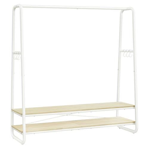 VASAGLE Portant à Vêtement, Porte-manteaux, Armoire, Vestiaire, avec 2 Étagères, 6 Crochets en Forme de S, Cadre en Acier, 45 x 138 x 160 cm, pour Chambre, Beige Naturel et Blanc Mat RGR119W09