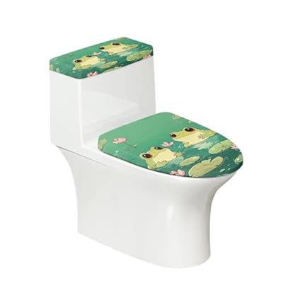 Darisoco Cute Green Frog Toilet Lid & Tank Covers Set of 2 Toilet Seat Cover Protector Elongated Lids with Elastic Edge for Bathroom
