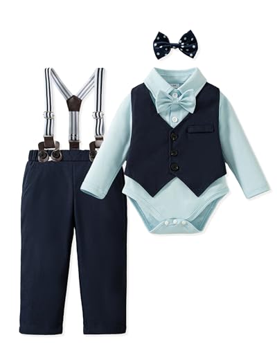 NZRVAWS Newborn Baby Boy Clothes 3-6 Months Suit Tuxedo Baptism Outfits Blue Formal Gentleman Christening Top+Suspenders Pants+Vest+Bow Tie 5PCS