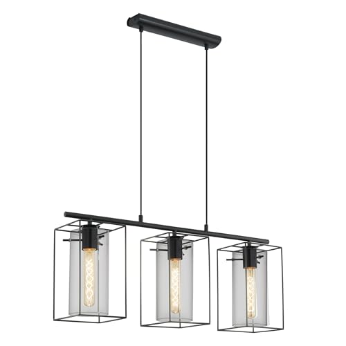 Eglo Lámpara colgante Loncino, lámpara de techo vintage de 3 focos, lámpara colgante de acero, color negro, cristaL cristal ahumado, portalámparas E27, L 74,5 cm